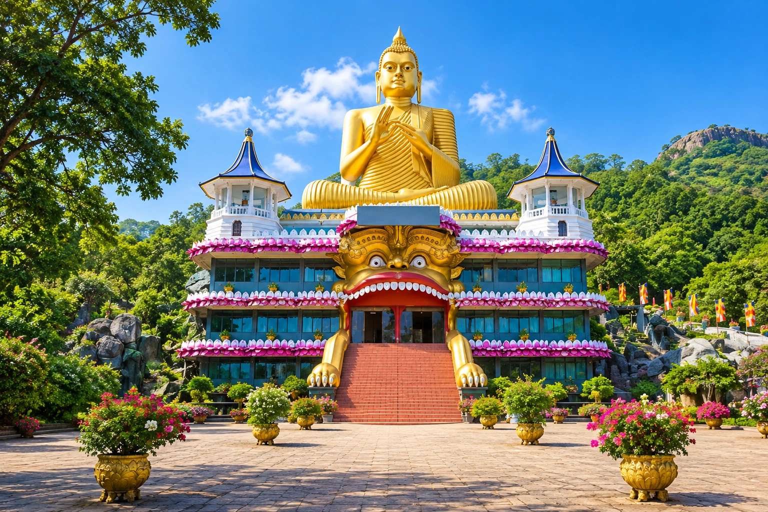 Golden Buddha statue and murals inside Dambulla Cave Temple