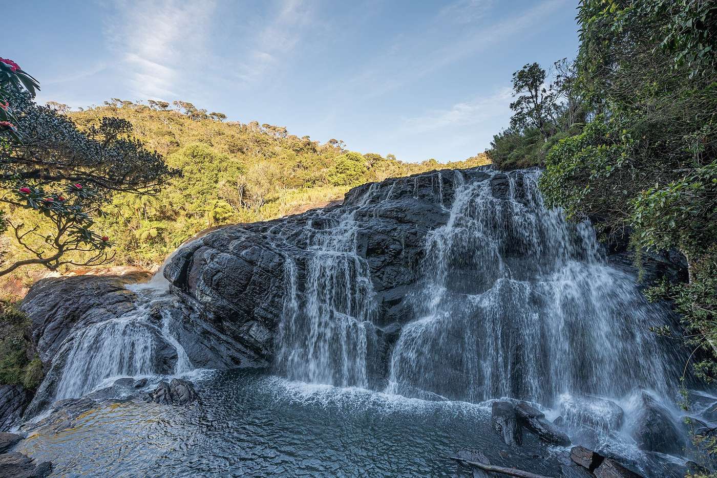Baker's Falls cascading through the cloud forest at Horton Plains National Park