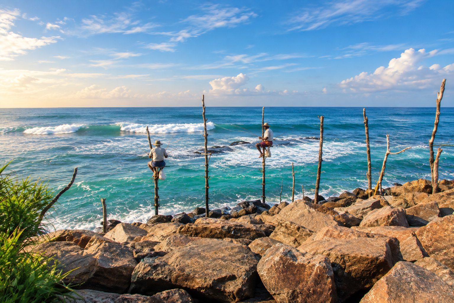 Traditional stilt fishermen on the south coast of Sri Lanka