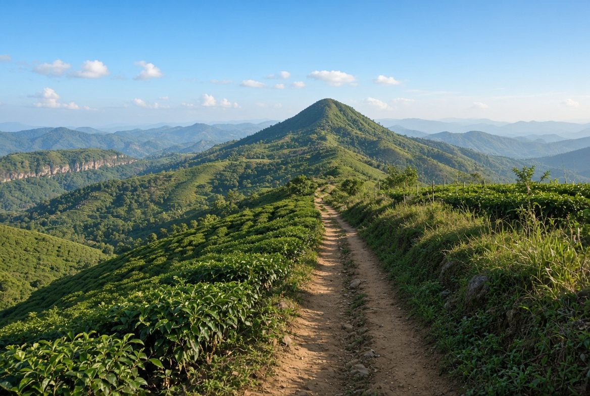 Walking trail through green tea plantations in Sri Lanka hill country